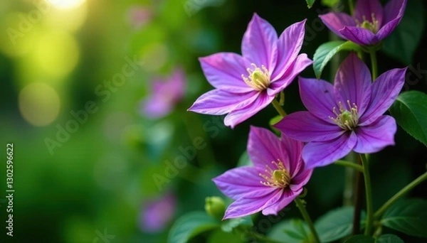 Fototapeta Large, fragrant, showy, purple clematis flowers drooping from a tall climbing plant stem, clematis, plant, garden