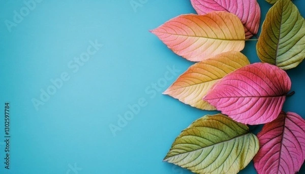 Fototapeta colorful leaves on a blue background, with copy space. The colors include green and pink, creating an elegant contrast that emphasizes the beauty in nature's palette