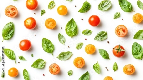 Fototapeta Colorful pattern of fresh vegetables. Tomatoes and basil provide a vibrant, healthy background. Fresh ingredients enhance salads with organic flavors. Ideal for nutritious, gourmet cuisine concepts.