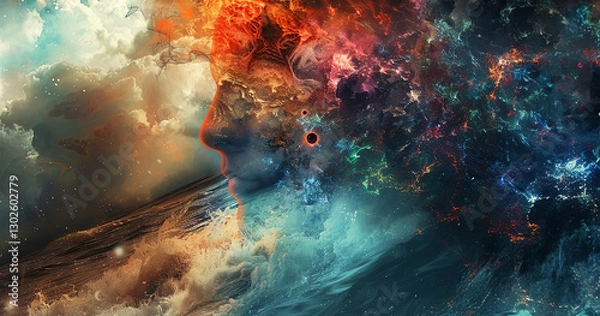 Fototapeta Explore the cosmos through this vibrant, abstract fusion of human and nebula