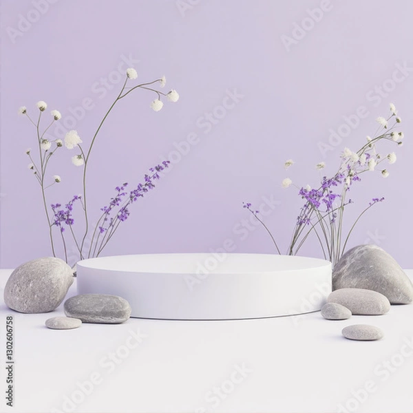 Obraz Empty round podium with stones and flowers on background
