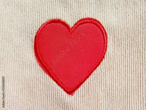 Fototapeta Red heart shape wool on beige Corduroy fabric texture. Valentine's day concept background.