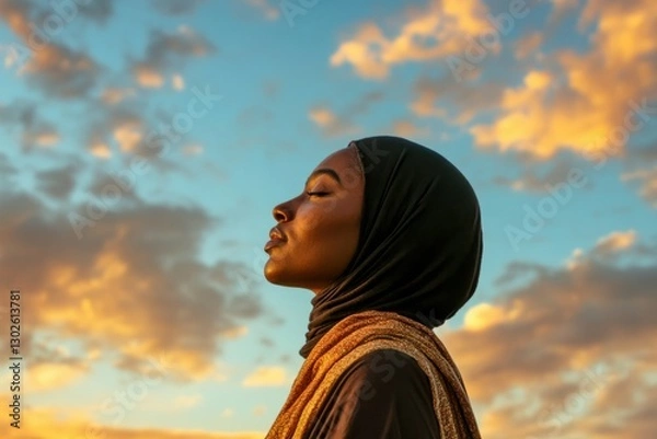 Obraz A Black Muslim woman praying, standing on the right side of the frame facing left, looking up at the sky with clouds in the background, in the golden hour light, photorealistic
