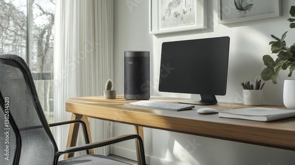 Fototapeta A stylish air purifier on a modern desk, filtering out allergens and pollutants while complementing the aesthetics of a home office, ensuring a healthier work environment