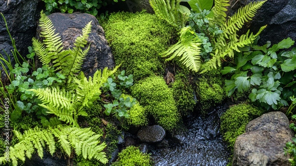 Fototapeta Majestic ferns and moss-covered rocks are scattered throughout the forest, adding to the lush scenery.