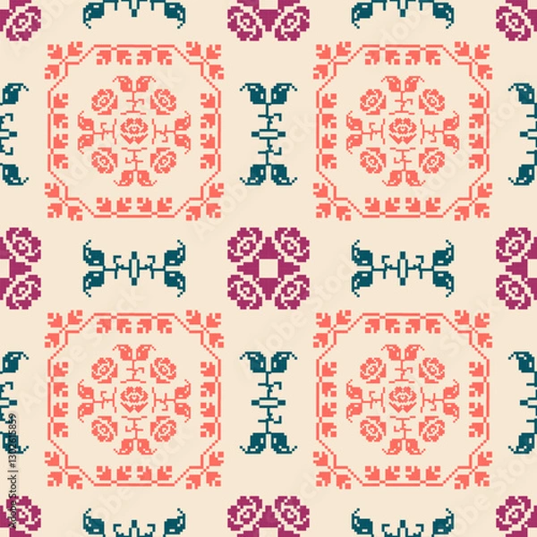 Fototapeta geometric pixel pattern Seamless tribal pattern Native American jewelry Southwestern ethnic decoration style geometric ornament Seamless vector pattern Mexican blankets, scarves, rugs, tiles