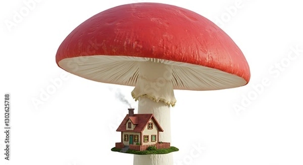 Fototapeta A giant mushroom with a tiny house built under its cap, floating on a white background