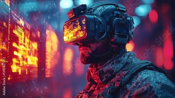 Fototapeta Futuristic Soldier in Virtual Combat Training Simulation with Glowing Digital Targets