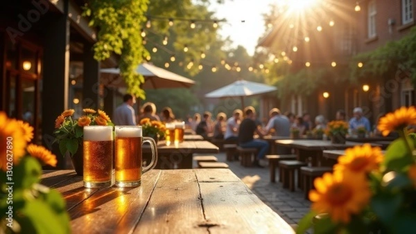 Fototapeta Beer Garden, Sun-drenched beer garden with rustic wooden tables colorful blooms dangling string lights lively people rich ambiance.