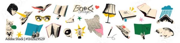 Fototapeta Books halftone art collage cut outs set. Various paper clipping shapes, hands holding open books stickers with vintage dotted texture and doodles. Modern retro grunge mixed media vector illustration