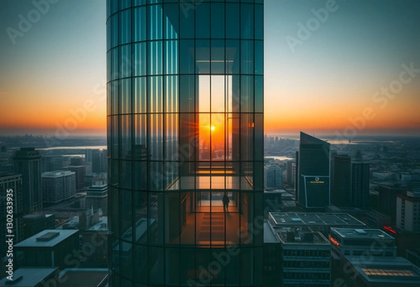 Obraz Sunset over the city with skyscrapers, glass reflections, and cityscape views, capturing the modern urban atmosphere and the vibrant colors of the setting sun