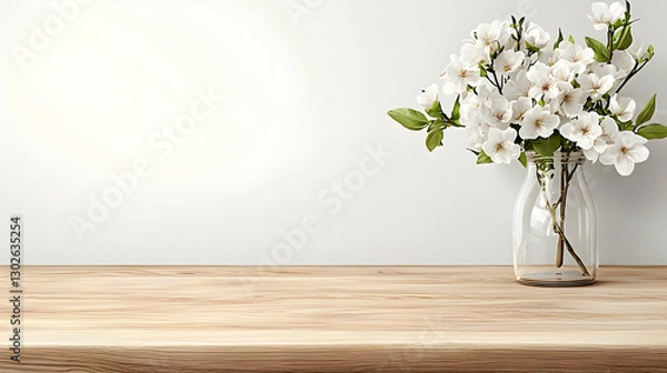 Fototapeta White Blossom Branches in Glass Jar on Wooden Table