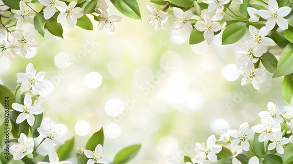 Fototapeta White Blossoms Frame Soft Green Bokeh Background