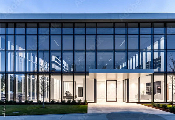 Obraz A modern office building with glass windows reflecting the blue sky in a busy city with views of the urban landscape and nearby greenery