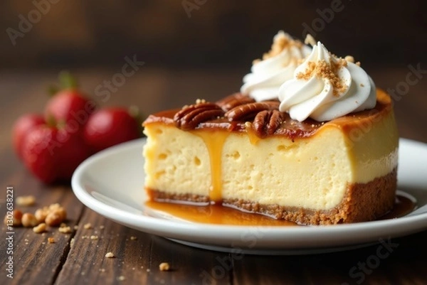 Fototapeta Pecan topped cheesecake with golden caramel filling and whipped cream garnish, cheesecake, sweet treat