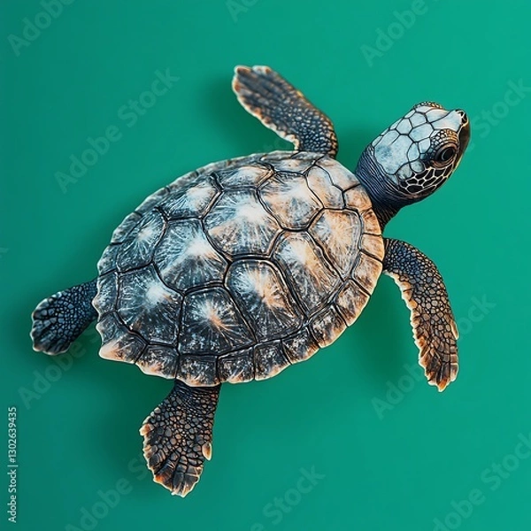 Fototapeta 15.A baby turtle crawling on a sea-green solid background, its shell detailed and textured,