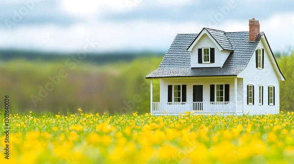 Fototapeta White Cottage in a Yellow Flower Field