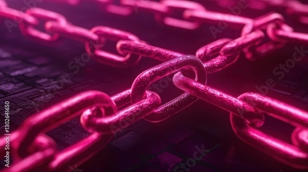 Fototapeta A close-up view of a glowing pink chain link against a dark background, highlighting its texture and vibrant color.