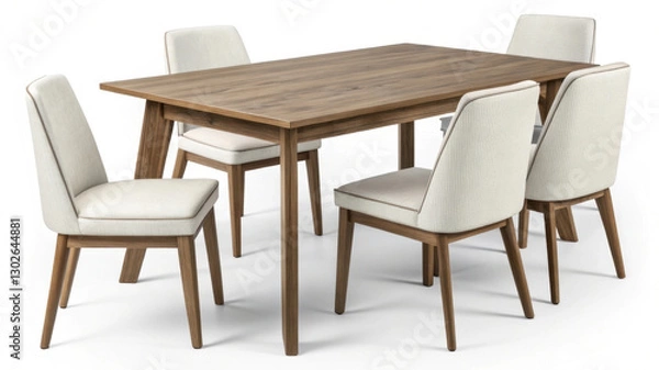 Fototapeta modern dining table set with minimalist furniture design, featuring wooden table and upholstered chairs, perfect for contemporary interiors