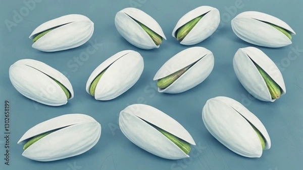 Fototapeta A visually appealing arrangement of pistachio nuts with open white shells revealing green kernels, set against a soft blue background in a modern style.