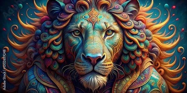 Fototapeta High-Detail Paisley Fractal Lion Bust Fashion Photography - Artistic Wildlife Sculpture