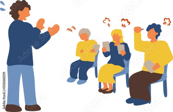 Obraz 怒っている人々と説明をする男性のシンプルなイラスト