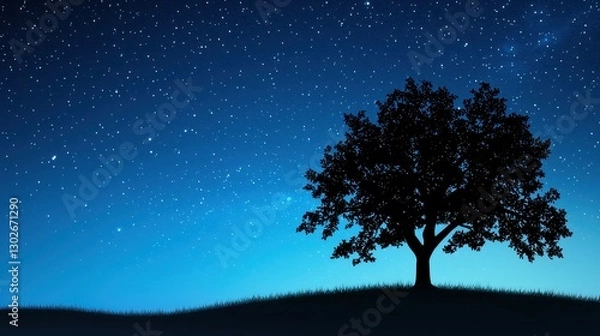 Fototapeta A silhouette of an oak tree against a starry night sky, creating a peaceful and timeless scene.