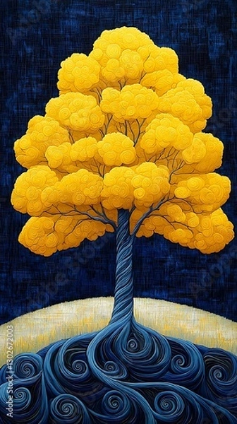 Fototapeta Golden Tree, Dark Night Sky