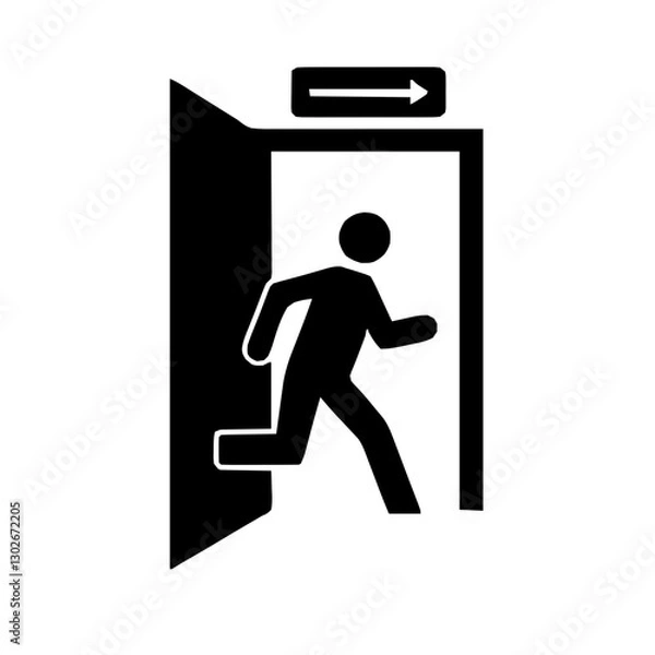 Obraz An illustration featuring a black emergency exit sign silhouette set against a clean white background showing a figure running towards an open door with a left arrow.