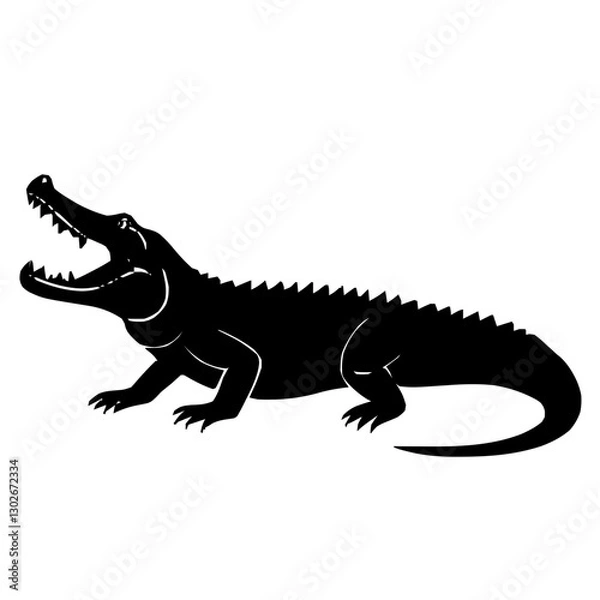 Obraz An illustration featuring a black Crocodile hieroglyph silhouette set against a clean white background showing a detailed crocodile with open jaws, symbolizing the god Sobek.