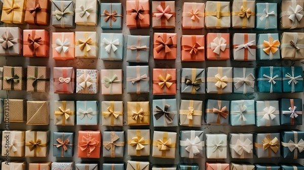 Fototapeta A collection of wrapped gifts with bows.