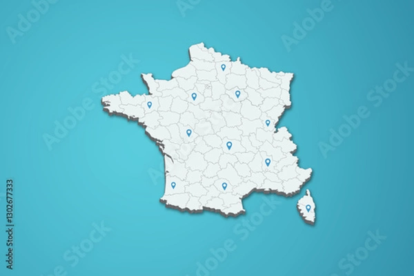 Fototapeta France 3D map illustration with province map pin on isolated background