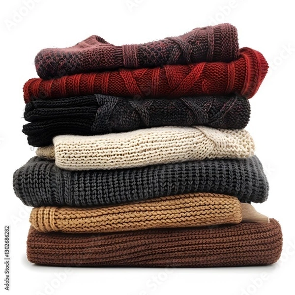 Fototapeta Cozy Stacked Sweaters in Various Textures and Colors Displayed Neatly