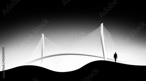 Fototapeta Black and white minimalist bridge architecture with silhouette of person symbolizing solitude and urban infrastructure beauty