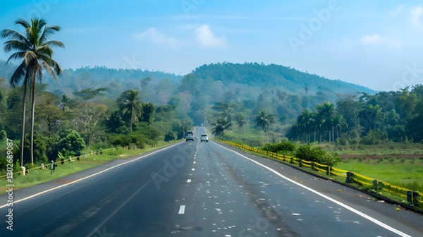 Fototapeta A wide highway in the state of Kerala, India, newly restored and surrounded by lush greenery under a clear blue sky.