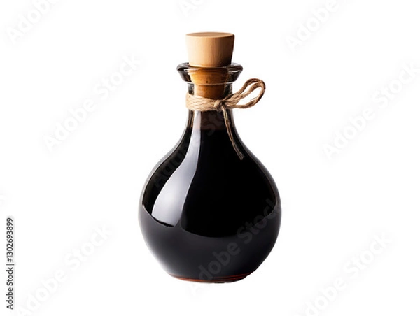 Fototapeta The image presents a bottle of dark liquid with a cork, likely some kind of culinary ingredient.