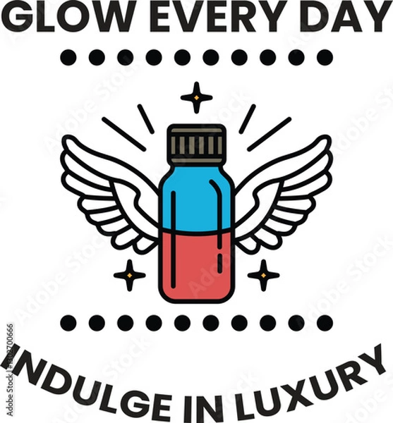 Fototapeta A bottle with a blue and red cap with wings on it