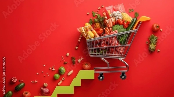 Fototapeta Graphic art of a shopping cart loaded with groceries climbing an upward-pointing flight of arrows, depicting rising price growth and increasing demand and increased sales