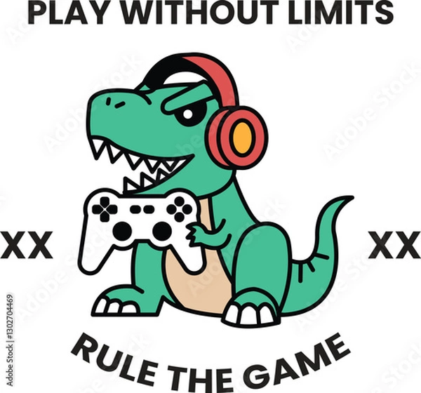 Fototapeta A cartoon dinosaur is holding a video game controller