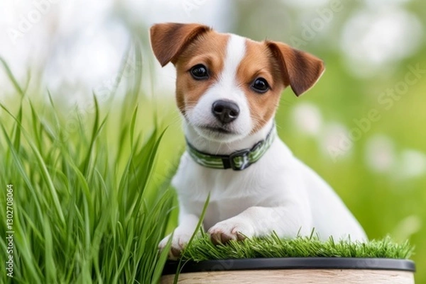 Fototapeta Cute puppy rests on grass in a serene outdoor setting during a sunny afternoon in spring