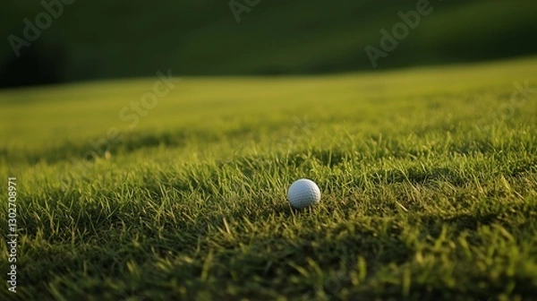 Fototapeta A golf ball resting on green grass. The background is blurred, depicting a golf course on a summer day. The image was taken with a telephoto lens in real daylight