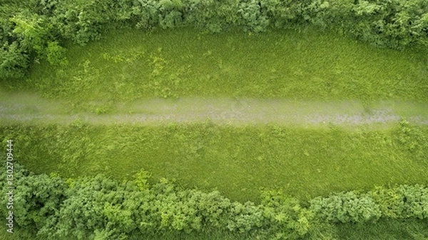 Fototapeta A grassy field with a path running through it from aerial view
