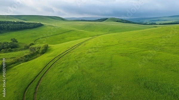 Fototapeta A grassy field with a path running through it from aerial view