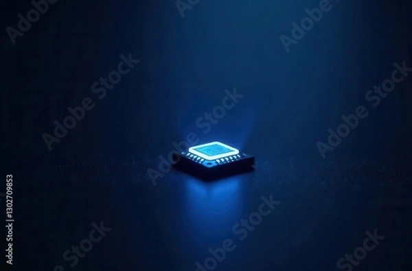 Obraz Glowing microchip on dark surface with blue lighting