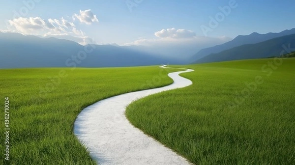 Fototapeta A grassy field with a path running through it from aerial view
