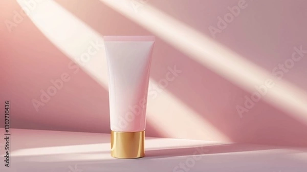 Fototapeta Luxurious body lotion in a matte white tube with a gold cap, showcasing the light pink emulsion inside, for a minimalist, hyper-realistic, clean cosmetic aesthetic