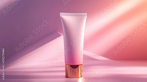Fototapeta Luxurious body lotion in a matte white tube with a gold cap, showcasing the light pink emulsion inside, for a minimalist, hyper-realistic, clean cosmetic aesthetic