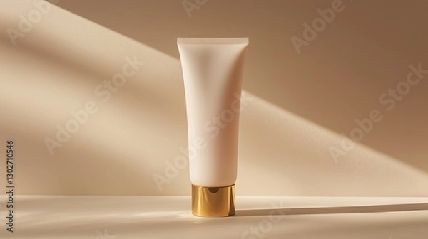 Fototapeta Luxurious body lotion in a matte white tube with a gold cap, showcasing the light pink emulsion inside, for a minimalist, hyper-realistic, clean cosmetic aesthetic
