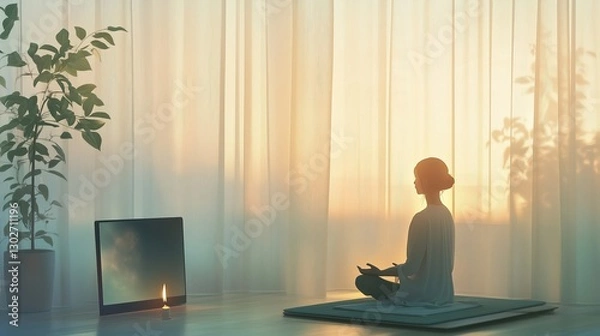 Fototapeta Soft light filters through sheer curtains onto a person meditating on a mat, with a glowing candle and laptop subtly suggesting a guided session, creating a calming, mindful atmosphere