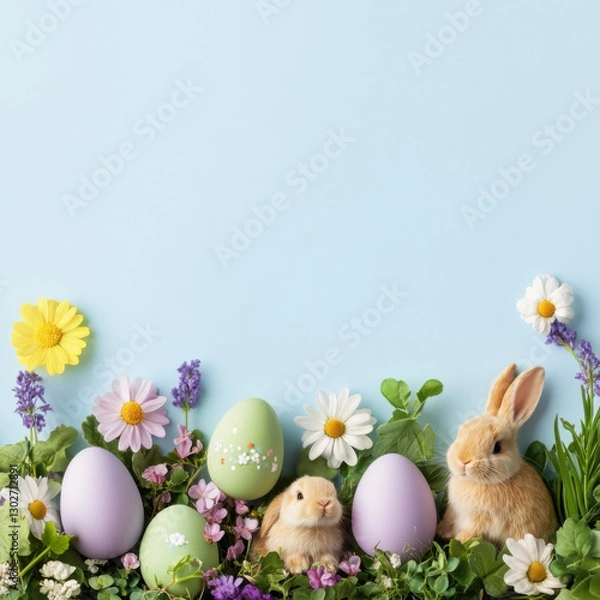 Obraz A long horizontal background image of Easter decoration with eggs and bunnies